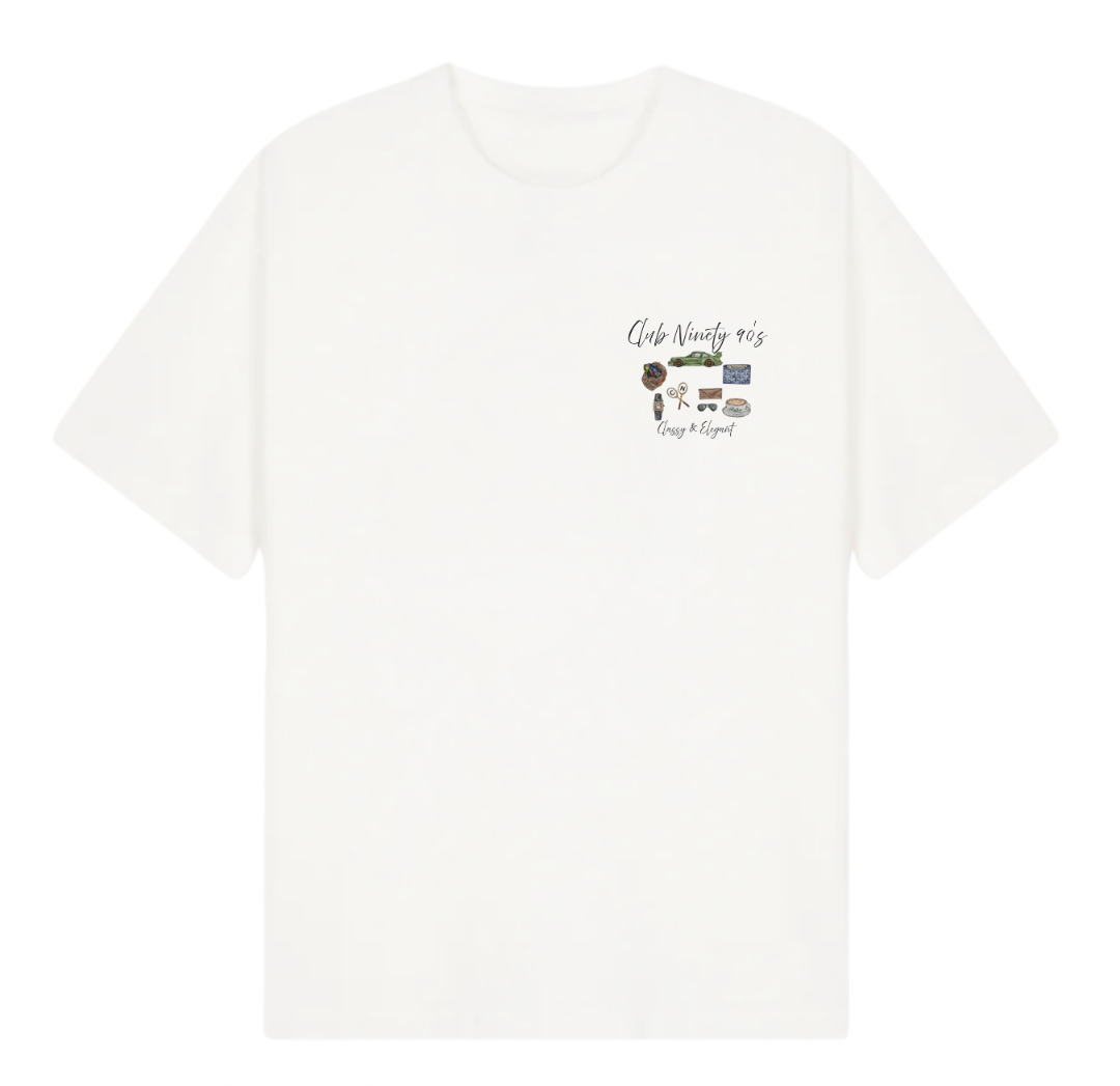 A white short-sleeve t-shirt with a small graphic on the left chest featuring a guitar, headphones, and the text 'Club Ninety' and 'Hang Daze!'. The image includes promotional text overlays from 'THE GALLERY DROP' and 'CLUB NINETY'.