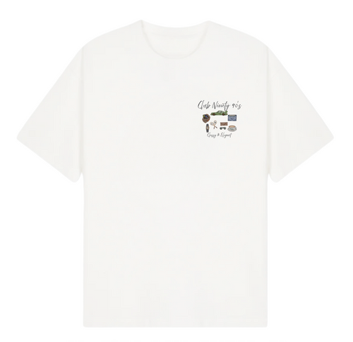 A white short-sleeve t-shirt with a small graphic on the left chest featuring a guitar, headphones, and the text 'Club Ninety' and 'Hang Daze!'. The image includes promotional text overlays from 'THE GALLERY DROP' and 'CLUB NINETY'.