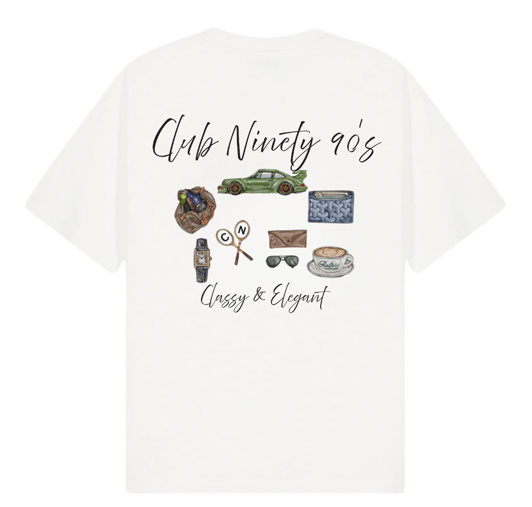 A white short-sleeve t-shirt with a graphic print on the back featuring the text 'Club Ninety 90's' and 'Classy & Elegant' alongside various retro-themed illustrations, shown on a white background with promotional text overlays.