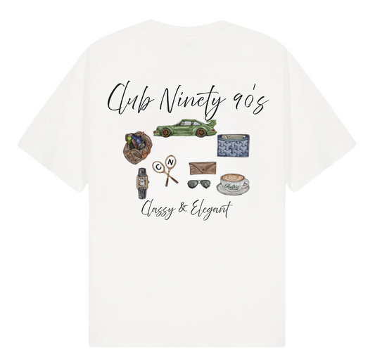 A white short-sleeve t-shirt with a graphic print on the back featuring the text 'Club Ninety 90's' and 'Classy & Elegant' alongside various retro-themed illustrations, shown on a white background with promotional text overlays.