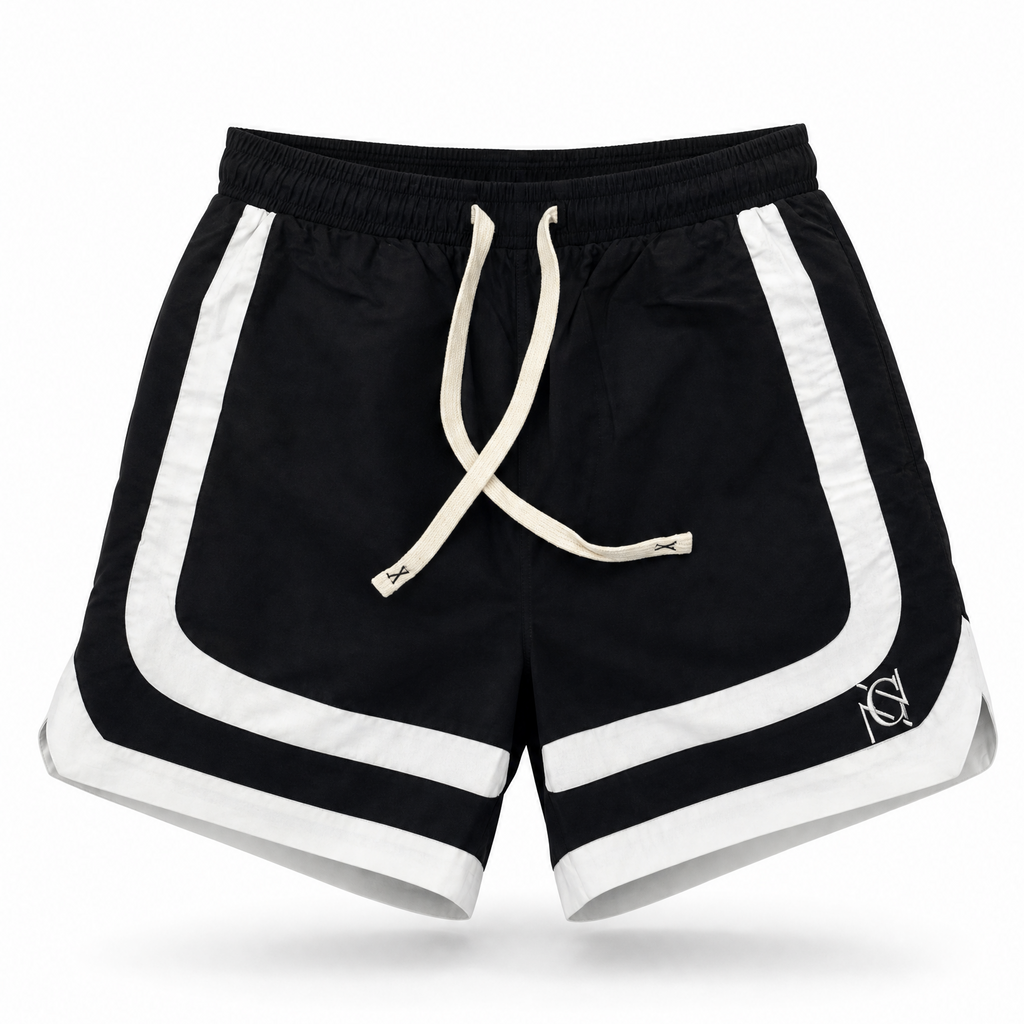 Black athletic shorts with white side stripes and a cream-colored drawstring, shown against a plain white background.