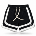Black athletic shorts with white side stripes and a cream-colored drawstring, shown against a plain white background.