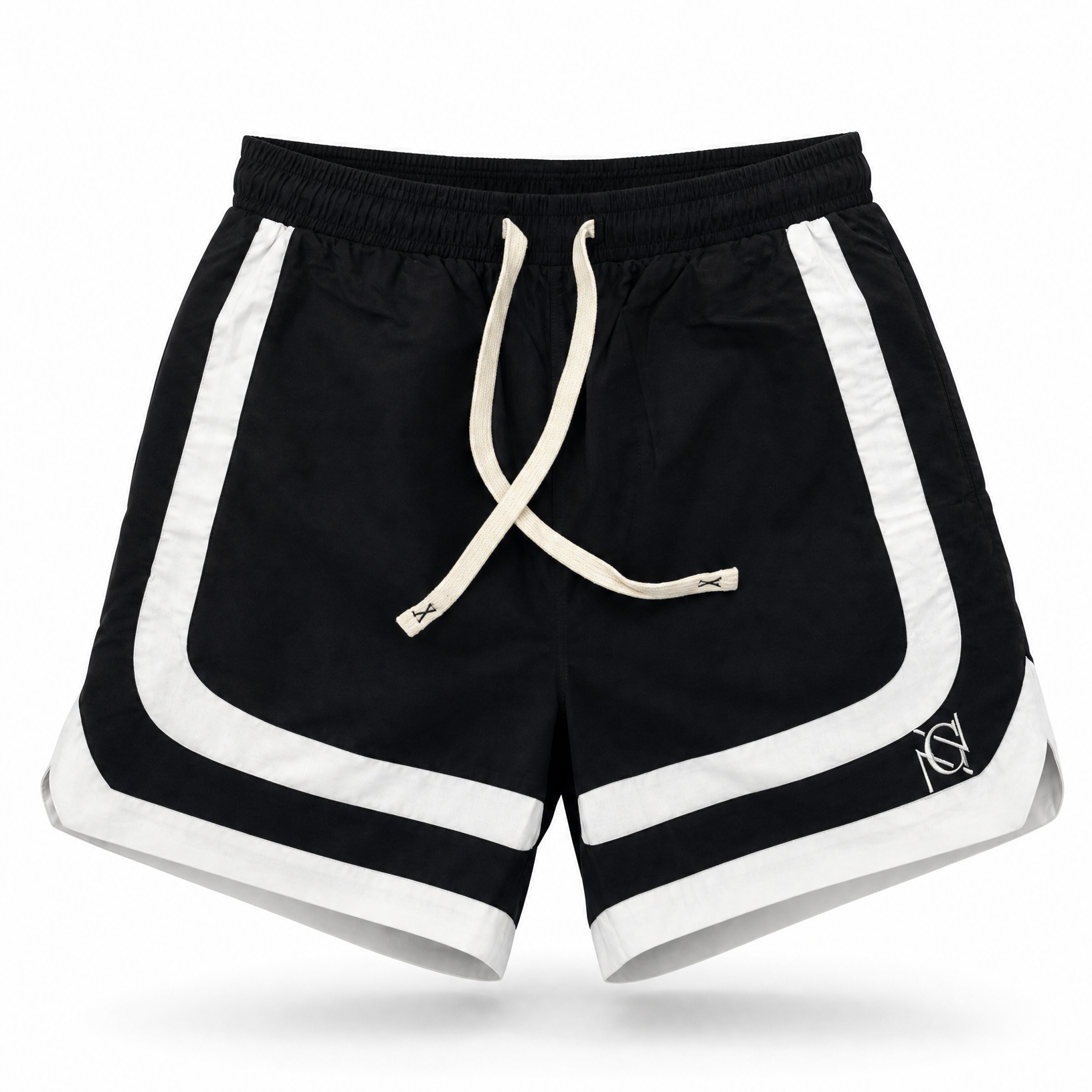 Black athletic shorts with white side stripes and a cream-colored drawstring, shown against a plain white background.