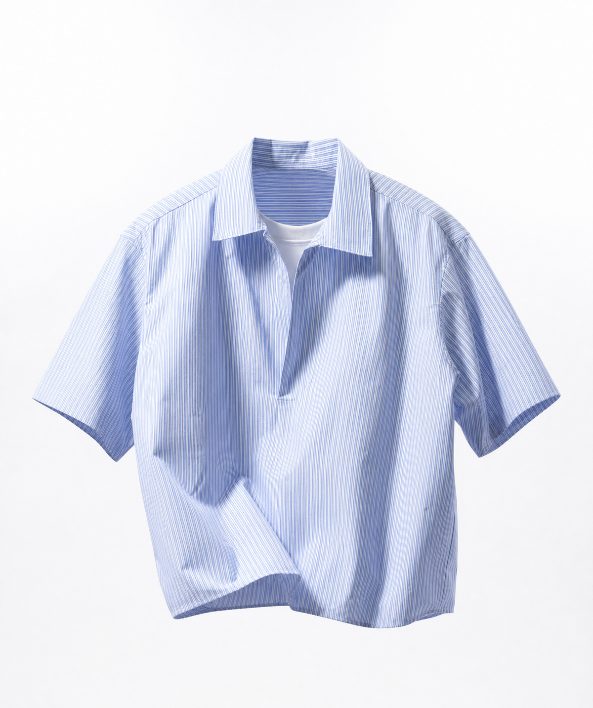 A light blue and white vertically striped short-sleeve button-up shirt with a classic collar, displayed against a clean white background.