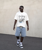 loose denim jorts in light wash blue with tint