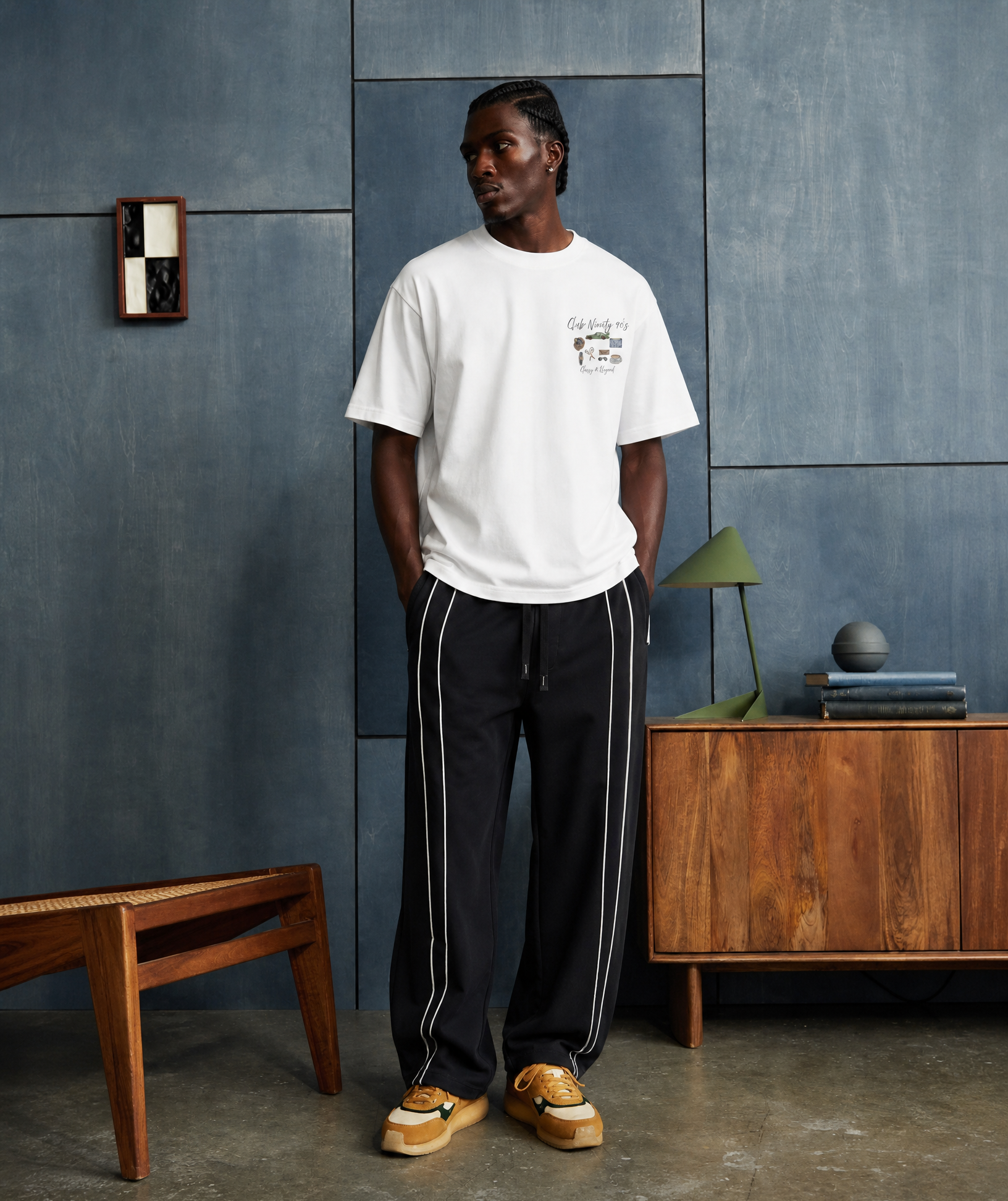 premium heavyweight wide leg jogger in Black with line