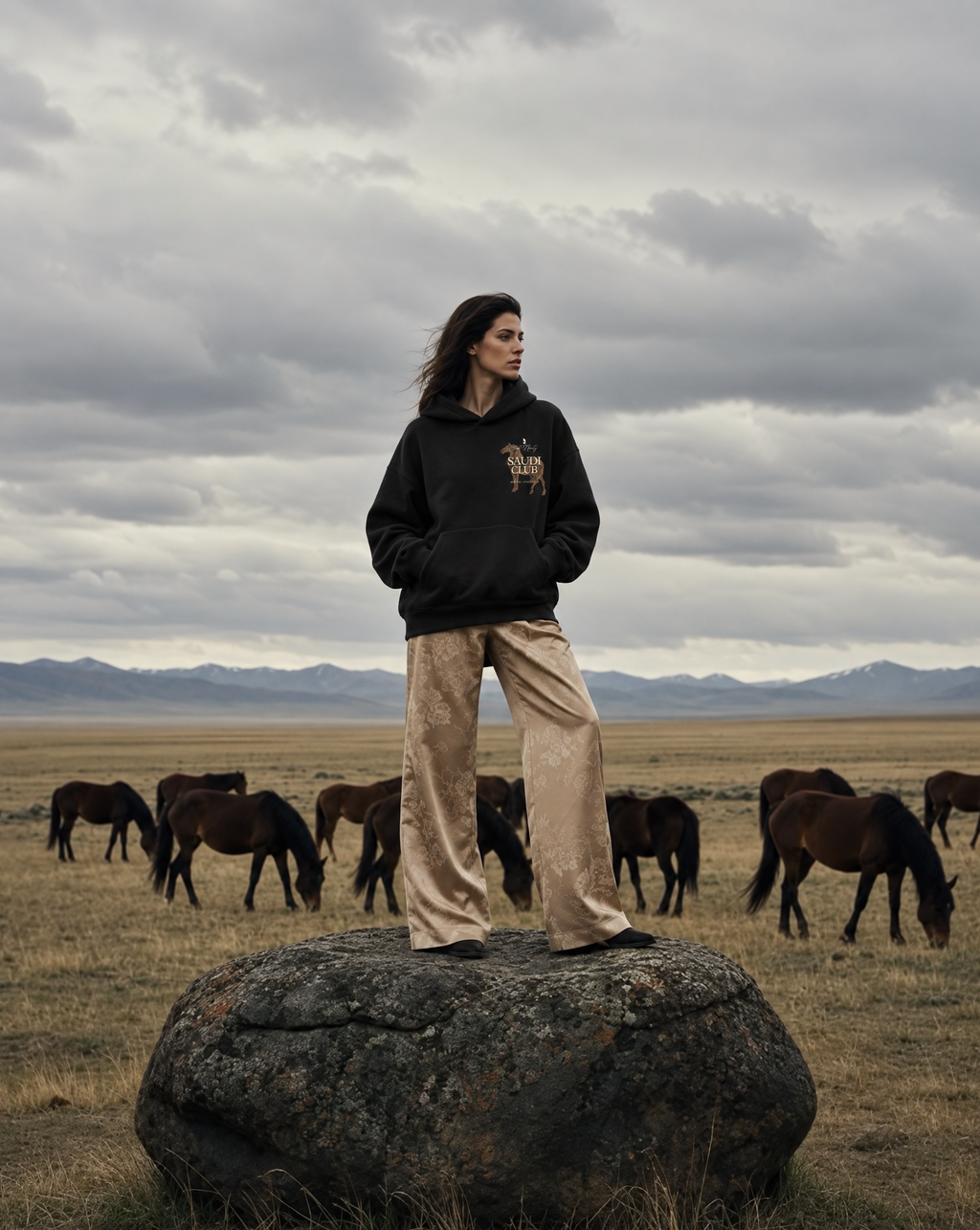 A model stands on a large rock in an open grassland under a cloudy sky, wearing a black hoodie with a horse graphic and beige wide-leg pants. Several horses graze in the background, with mountains visible in the distance.