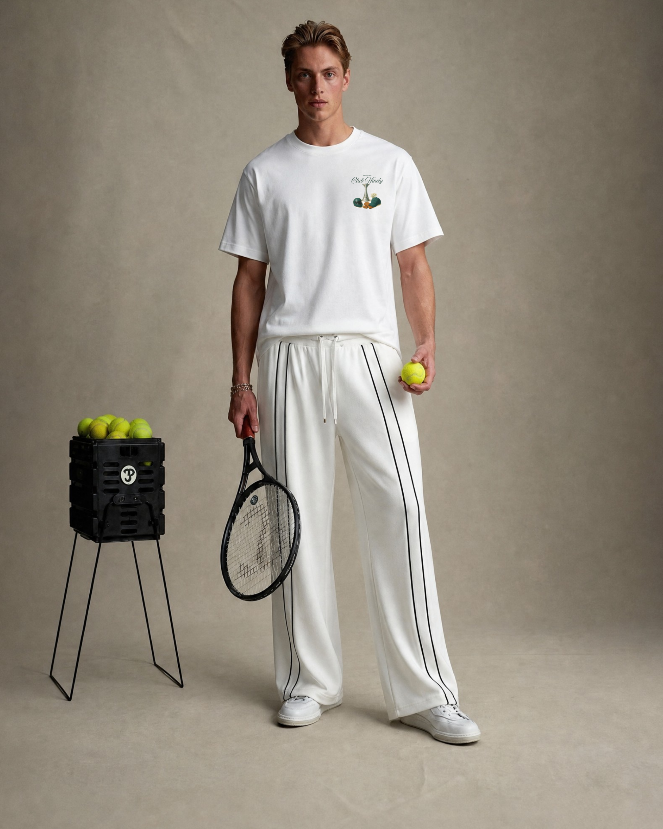 premium heavyweight wide leg jogger in White with line