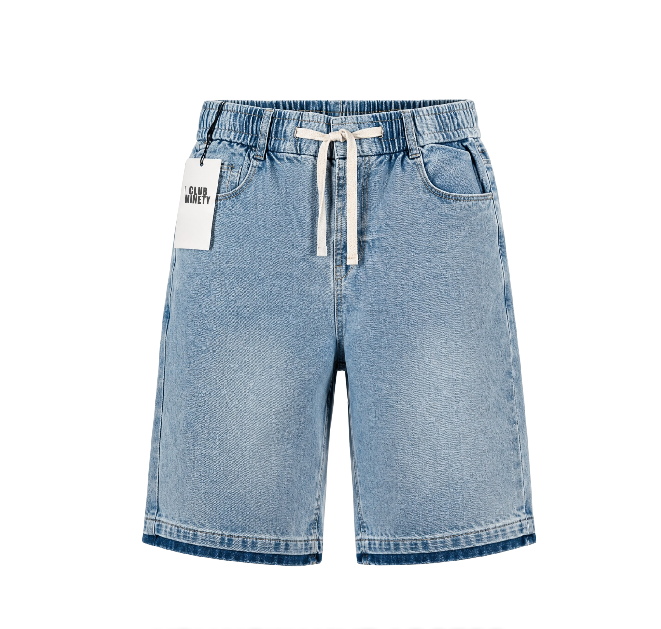 loose denim jorts in light wash blue with tint